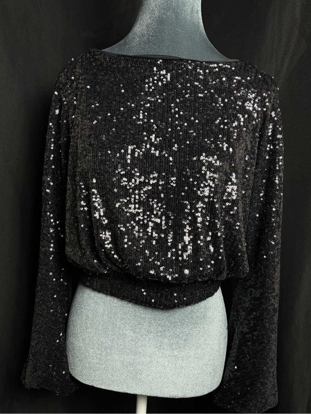 Express Black Sequin Cropped Open-Back Long Sleeve Top XS